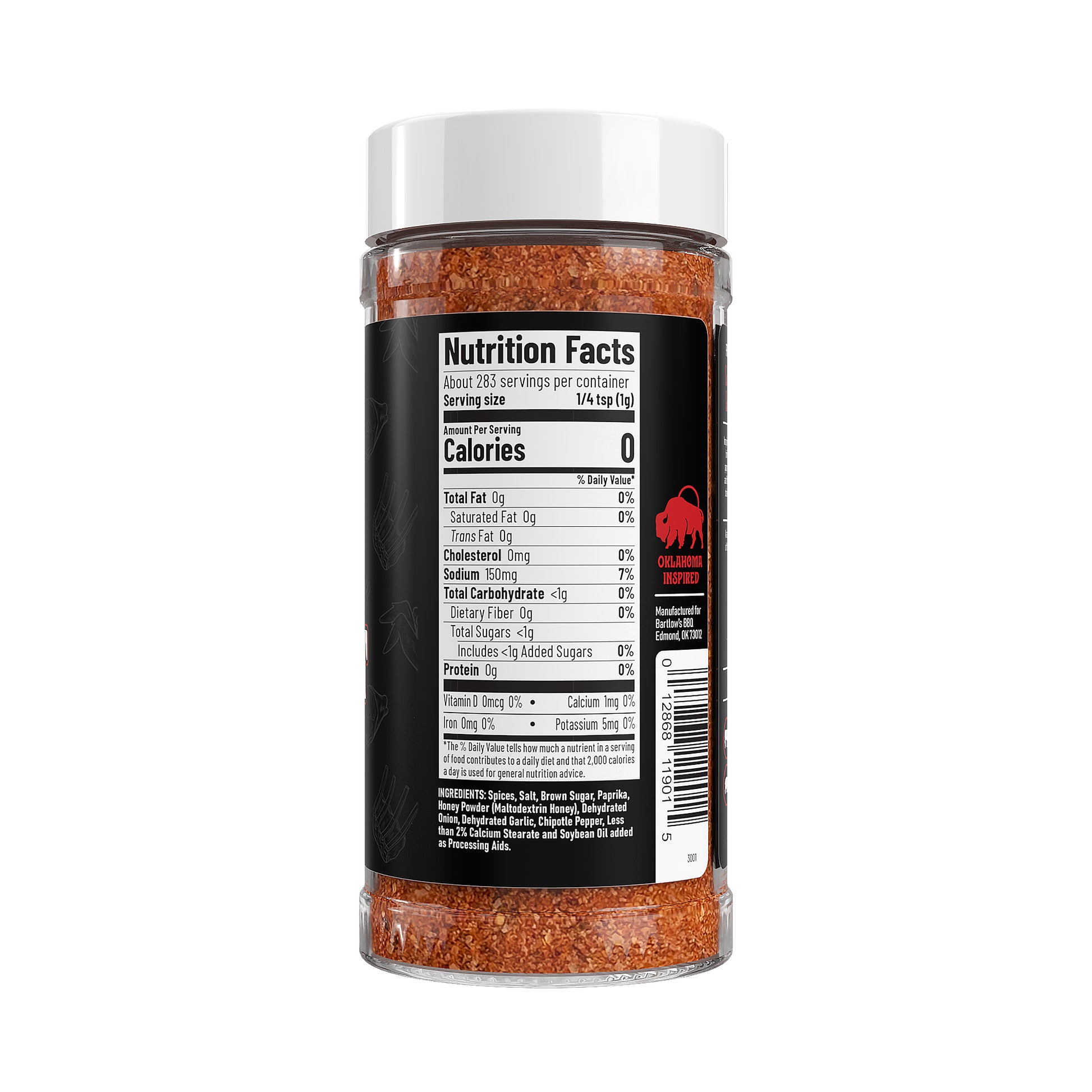 Bartlow's BBQ Sweet Red Dirt rub nutrition label—detailed ingredients and serving information.