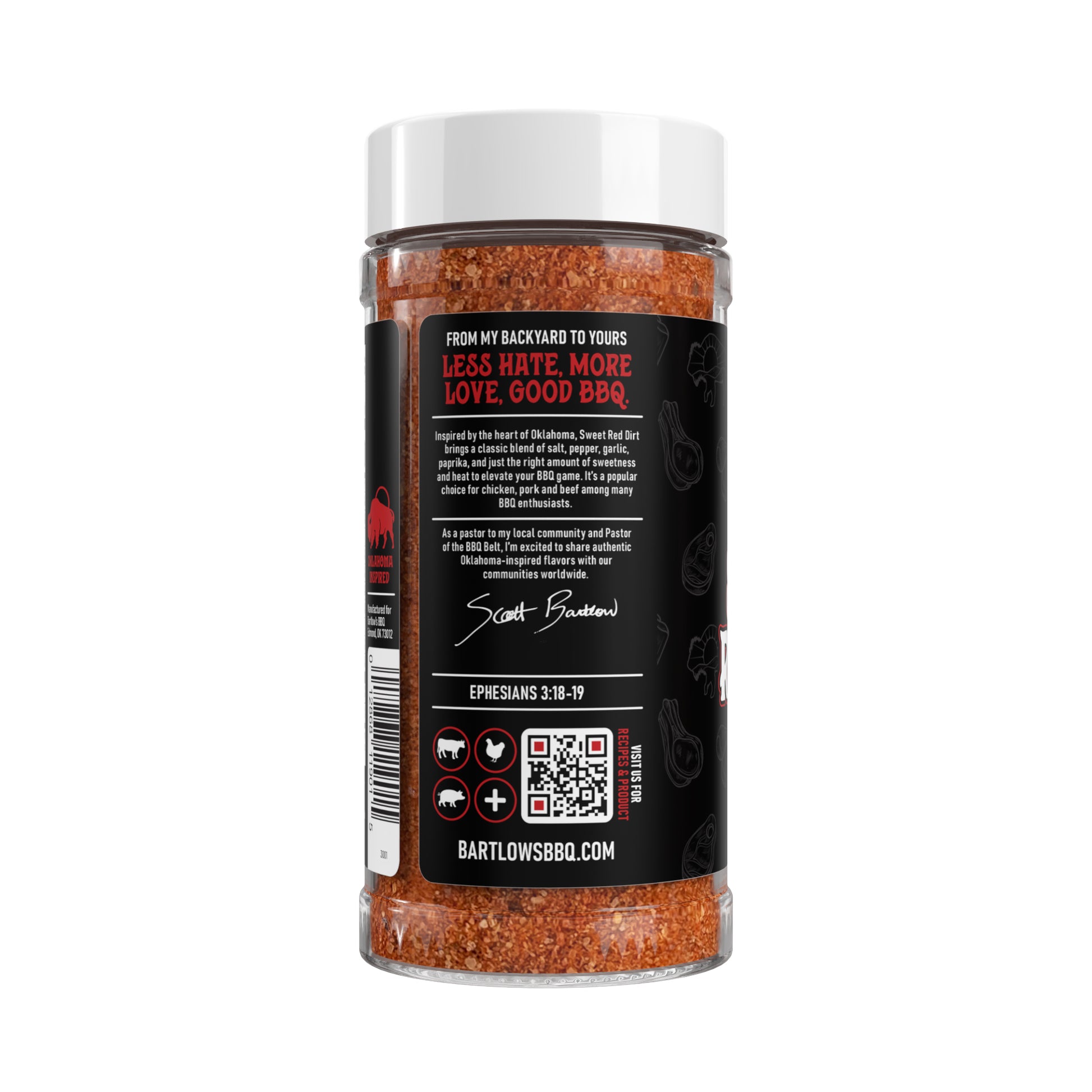 Bartlow's BBQ Sweet Red Dirt rub packaging—marketing text highlighting smoky-sweet flavor.