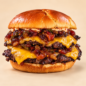 Jalapeño bacon jam cheeseburger on a brioche bun