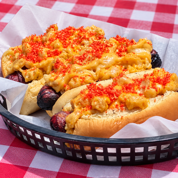 Bacon Wrapped Mac N Cheese Dogs on the Solo Stove  - Win a Solo Stove from Martin's Potato Rolls — food photo
