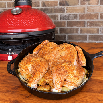Kamado Joe Spatchcock Chicken - DoeJoe + Cast Iron Skillet = Amazing Chicken! — food photo