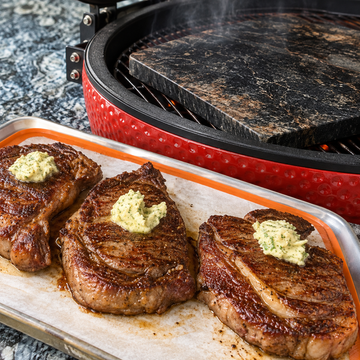 Kamado Joe Soapstone Steak Sear  - Reverse Searing Ribeye Steaks — food photo