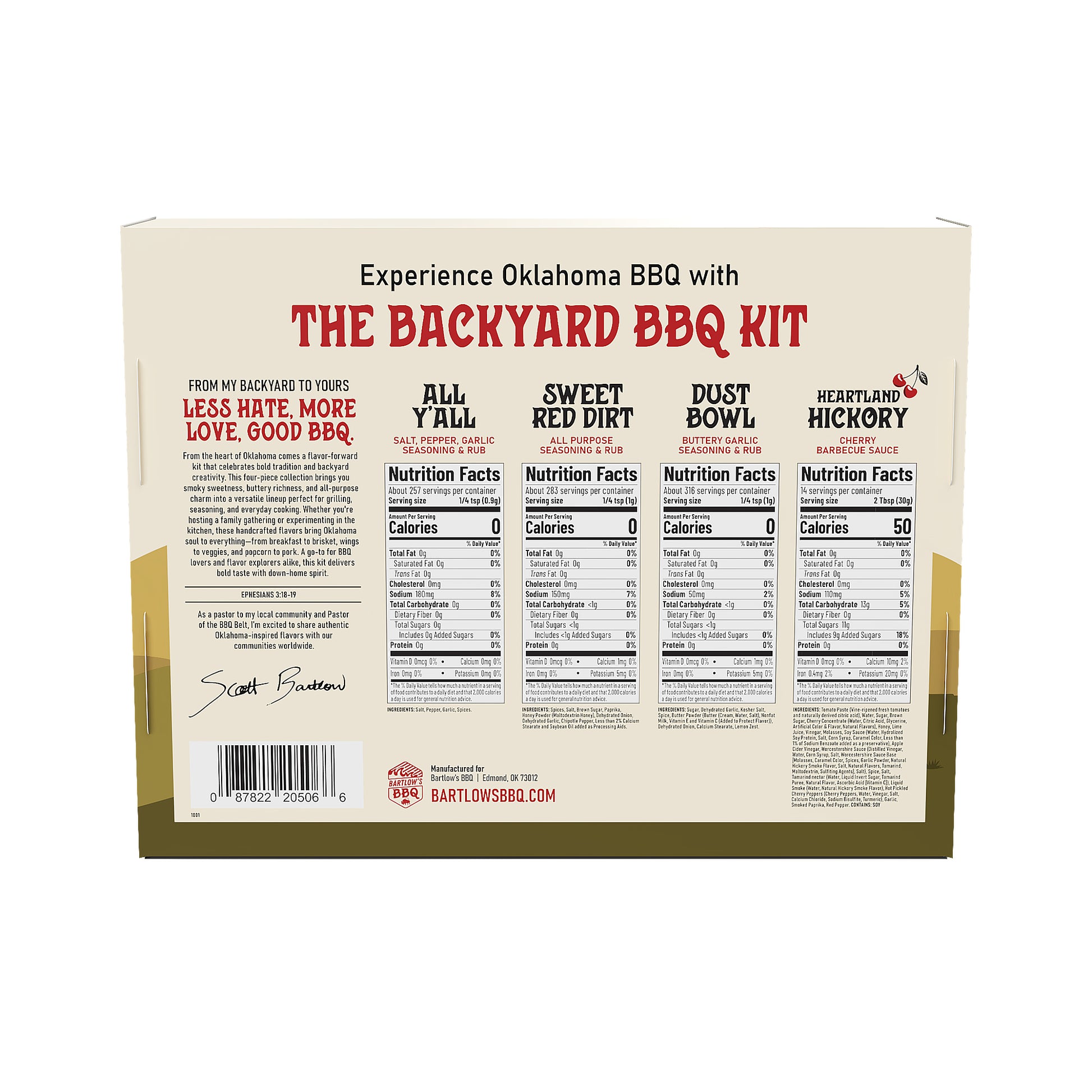 Bartlow’s BBQ The Backyard BBQ Kit – Back of Box with nutrition facts and product descriptions