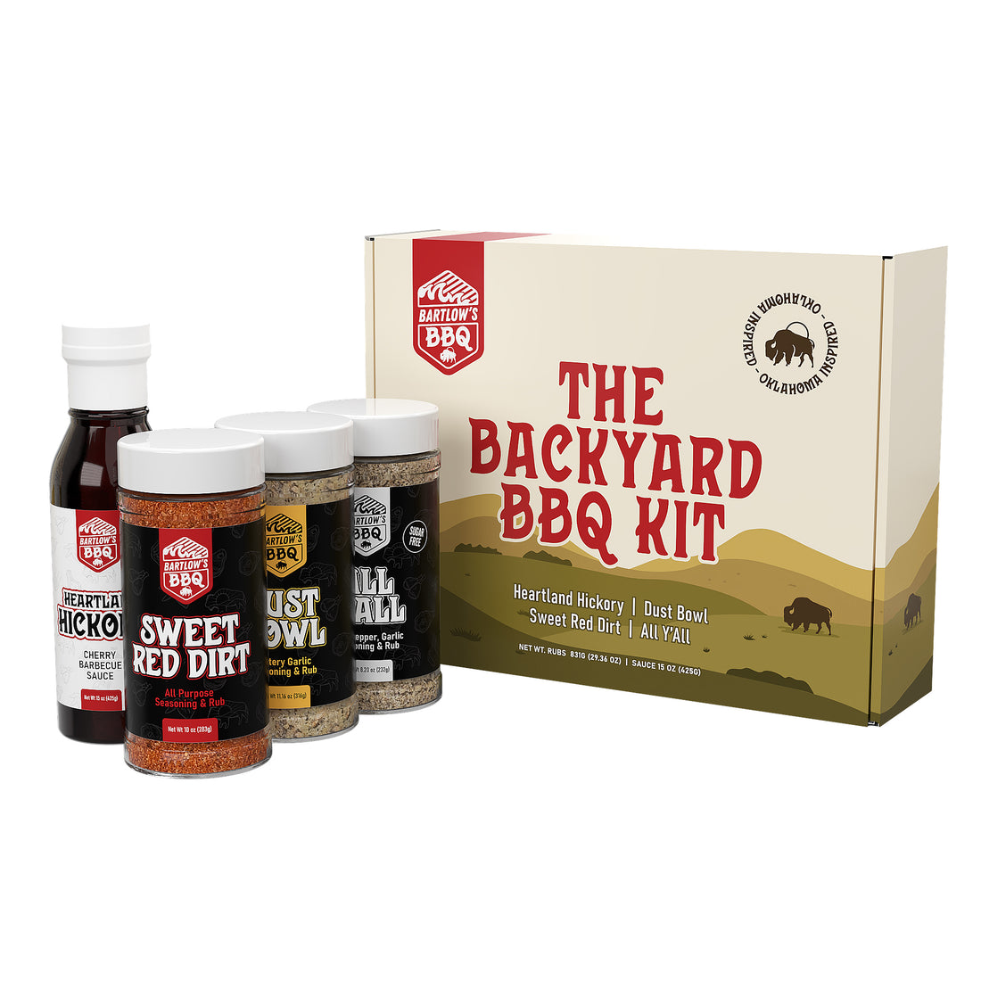 Bartlow’s BBQ The Backyard BBQ Kit – Box with Sweet Red Dirt, Dust Bowl, All Ya’ll, and Heartland Hickory Cherry Sauce displayed