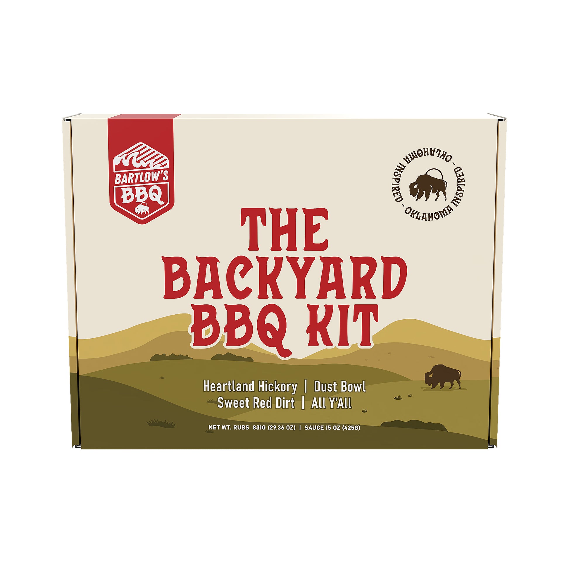 Bartlow’s BBQ The Backyard BBQ Kit – Front of Box with bold Oklahoma-inspired design