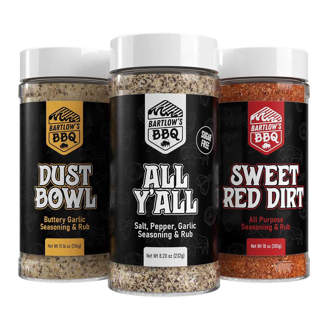 Bartlow's BBQ rub bundle—Sweet Red Dirt, Dust Bowl, and All Y’all rubs for premium grilling and smoking flavors.