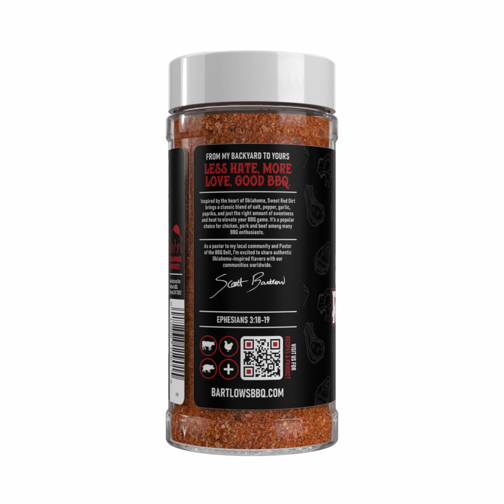 Bartlow's BBQ Sweet Red Dirt rub packaging—marketing text highlighting smoky-sweet flavor.