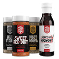 Bartlow's BBQ The Backyard BBQ Kit bundle—Sweet Red Dirt rub, Dust Bowl rub, All Y’all rub, and Heartland Hickory Cherry BBQ sauce for the ultimate grilling experience.